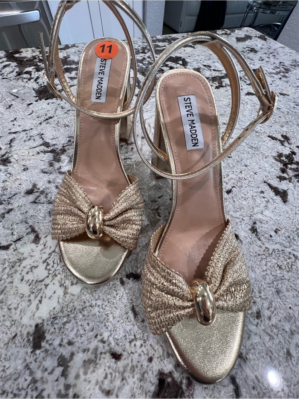 Steve Madden Gold Metallic Bow Ankle-Strap Heels